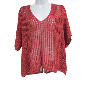 Chicos Womens Sweater Short Sleeve Openwork Crochet V Neck Pullover Red Size 2 M